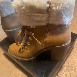 G by Guess Tan and White Heeled Boots with Chunky Heel